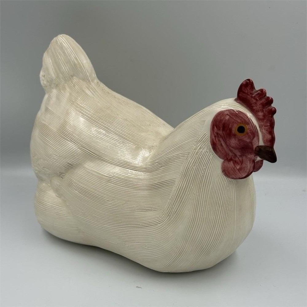 Vintage White Ceramic Chicken Hen Figurine with Red Comb, Approx 9in L x 8in T